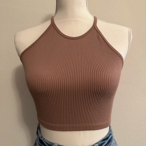 Brown Stretchy Ribbed Seamless High Neck Racerback Crop Top Size Small - Picture 2 of 6